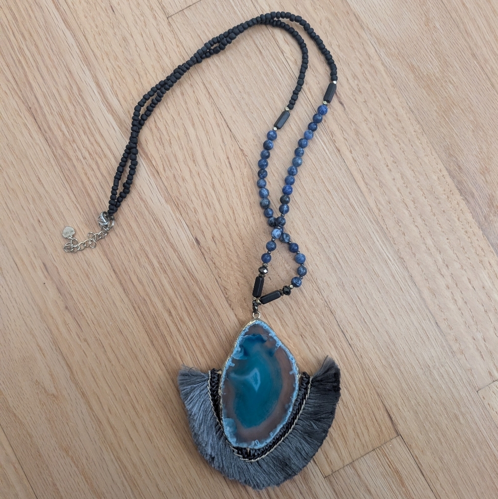 Nakamol Blue Agate Beaded Pendant Necklace with Gray Fringe